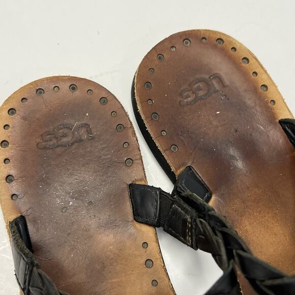 UGG Australia Bria Black Tan Braided Leather Flip Flop Sandals Women’s 7 Basic - Picture 5 of 9